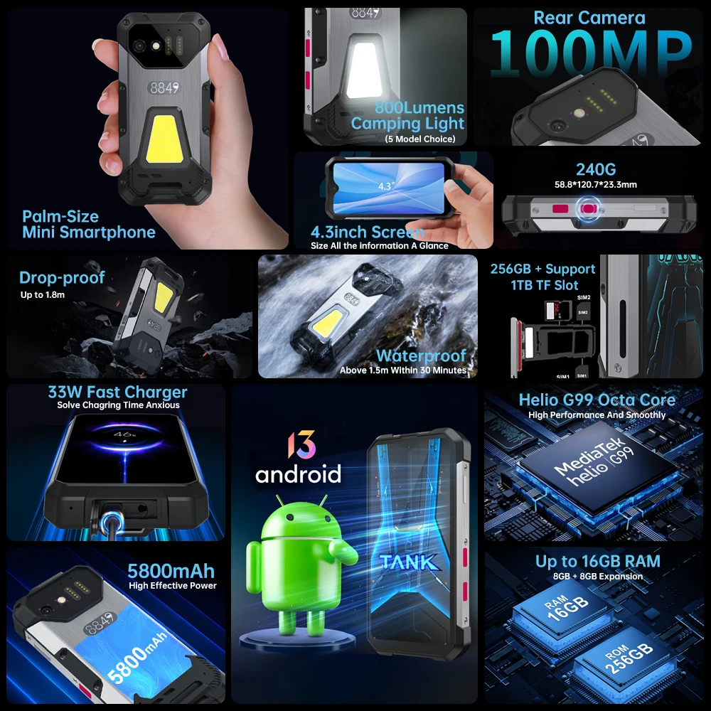 8849 Tank Mini Rugged Smartphone 16GB 256GB 5800mAh Battery 100Mp Camera Android 13 Cellphone 4.3 inch Waterproof Mobile Phone 2