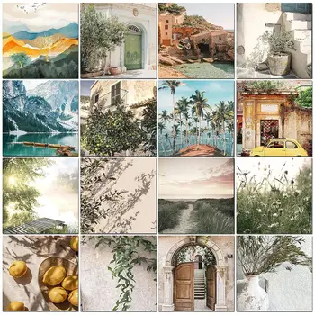 PhotoCustom Pittura fai da te con i numeri Dipinto a mano Pittura a olio Paesaggio di città Immagine Pittura Disegno su tela Decorazioni per la casa Regalo d'arte