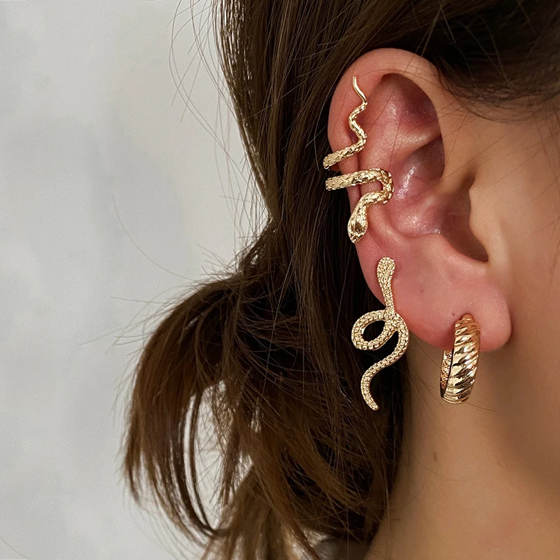 3Pcs/Set Snake Clips On Earrings for Women Vintage Charm Round Ear Bone Punk Cuffs Personality Jewelry Valentine's Gift