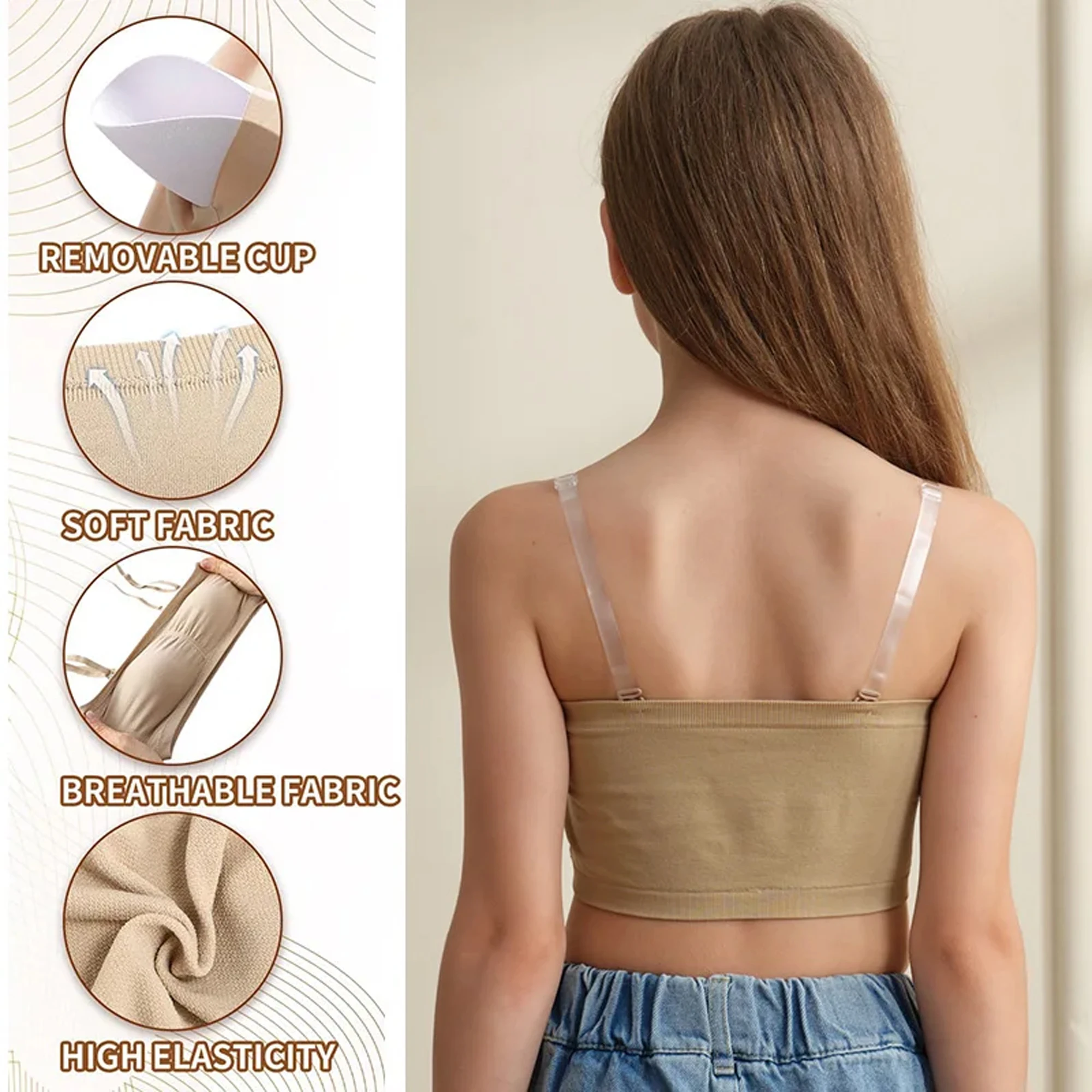 Youth Ballet Dance Bandeau Bra with Clear Straps and Chest Pads - Nude Seamless Design (2-Pack)