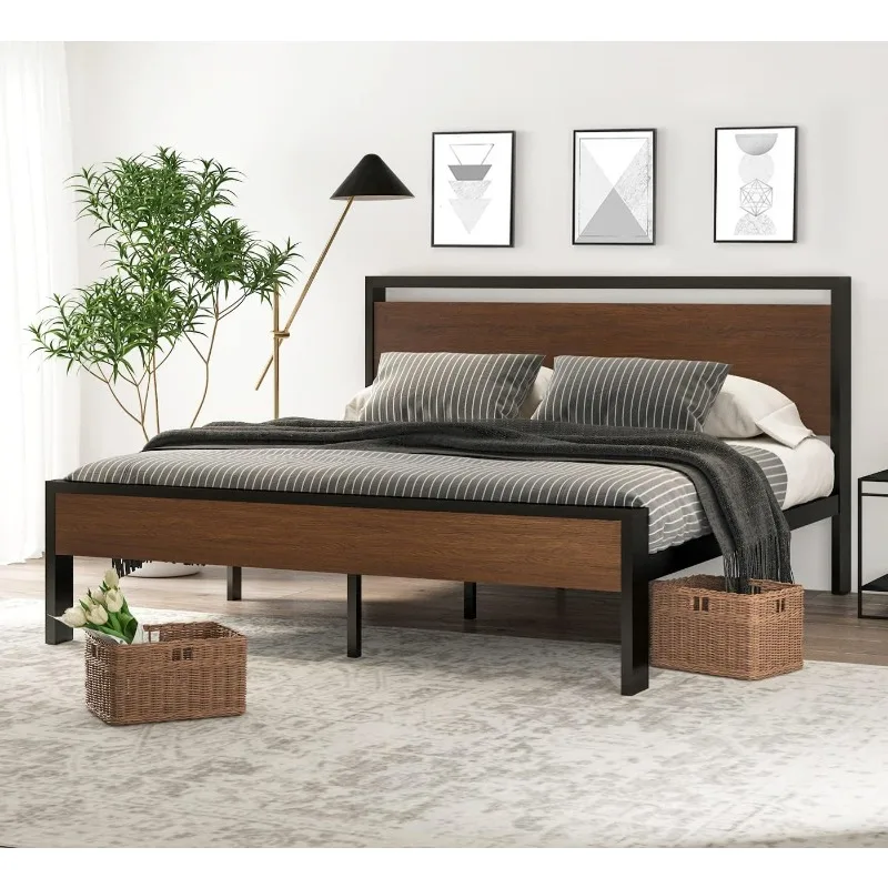 14 Inch Queen Size Metal Platform Bed Frame with Wooden Headboard and Footboard, Mattress Foundation, No Box Spring Needed,