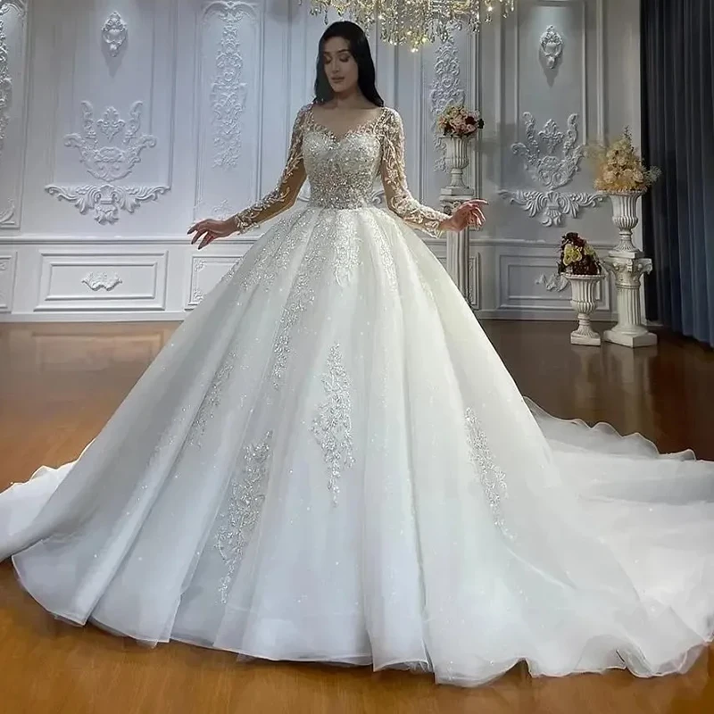 2025 Luxury Women's Wedding Dress A-Line Lace Stickers Elegant Long Sleeve Princess Square Collar Bridal Gowns Formal Customized 3