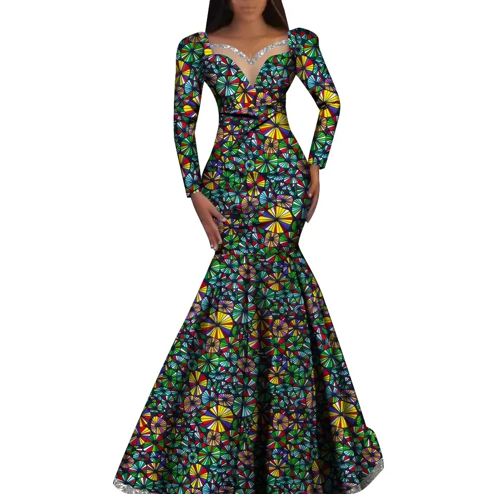 Fashion Robe Dresses Ankara Print African Dresses for Women Long Sleeve Elegant Dashiki Wedding Pleated Skirt WY1058