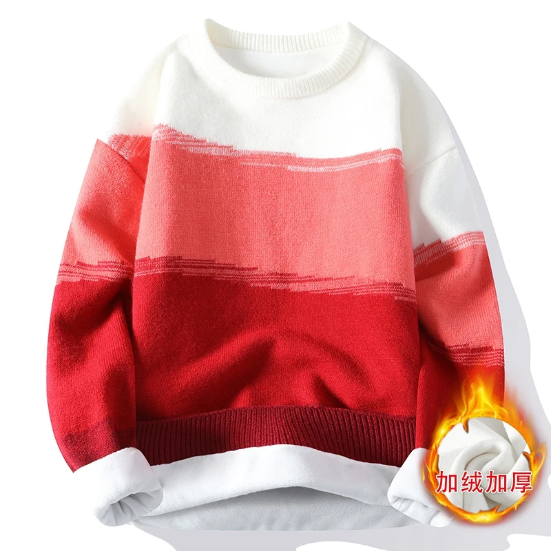 Autumn Winter New Men's Fashion Handsome Round Neck Sweater Spliced Color Locked Long Sleeved Loose Pullover Knitted Casual Tops