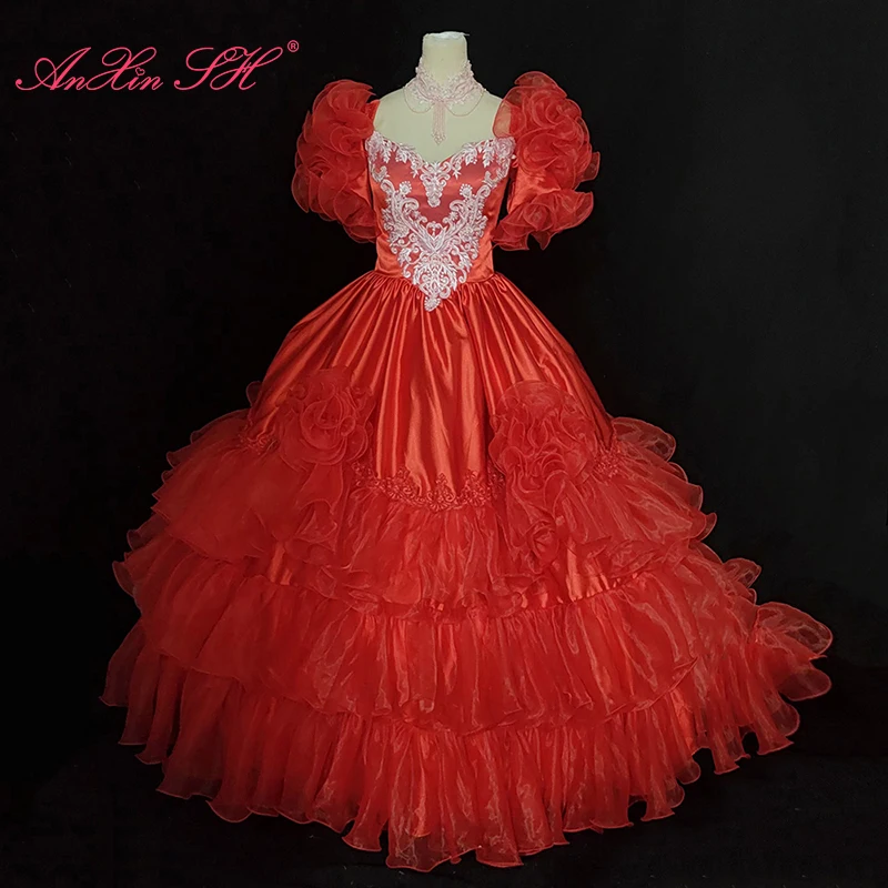 

AnXin SH vintage red taffeta big flower princess sweetheart beading pearls puff sleeve pink party bride Antique wedding dress