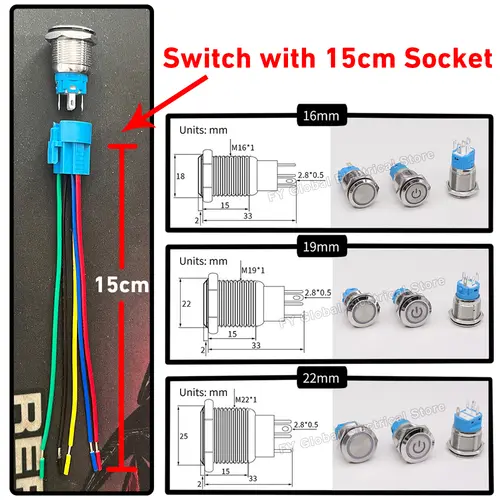 16/19/22mm Customized Metal Push Button Switch with Socket Start Stop For Car Boat Fog Black/Silver Waterproof LED Light 12V 24V - Image 5