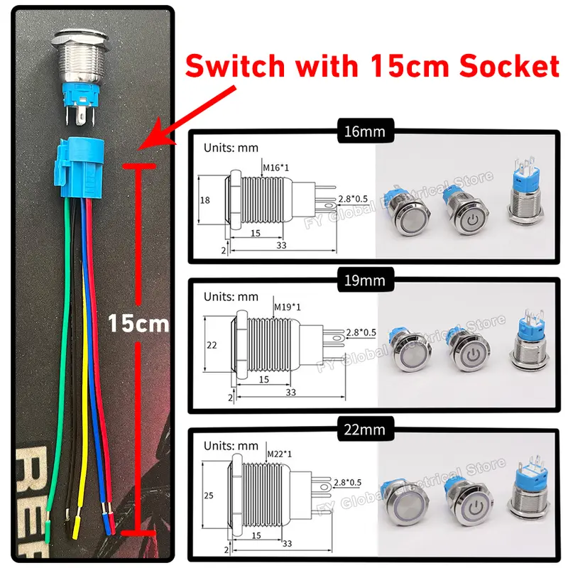16/19/22mm Customized Metal Push Button Switch with Socket Start Stop For Car Boat Fog Black/Silver Waterproof LED Light 12V 24V - Image 5