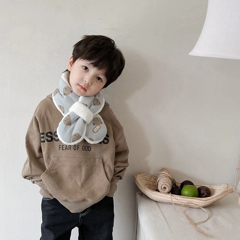 Winter Baby Cartoon Bear Scarfs Warm Fleece Kids Neck Warmer Cross Children Scarves for Girls Boys Baby Christmas Accessories