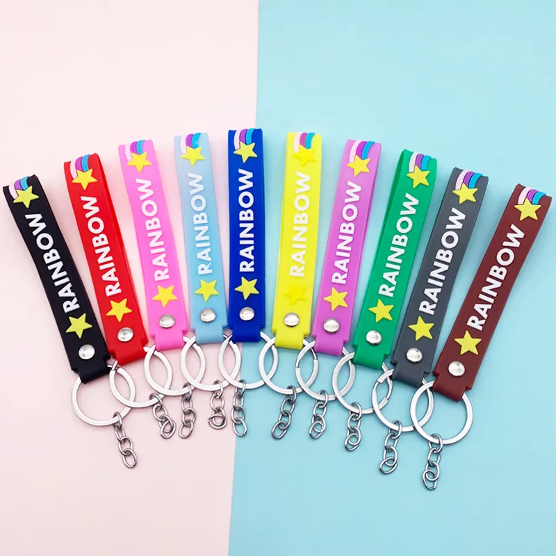 

100Pcs Rainbow Letter Printed PVC Flexible Glue Keychain Keys Holder Key Chain Lanyard Charms Keyrings Bag Pendant DIY Jewelry