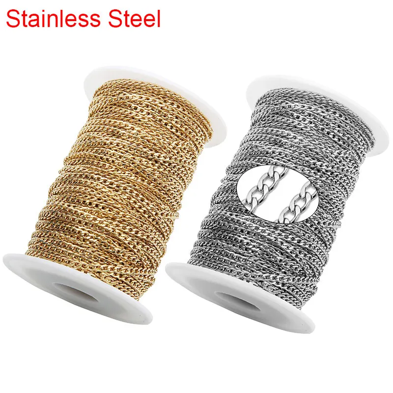 

2meters Stainless Steel Link Necklace Cuban Chains Bulk Dia 3mm Golden Color Metal Chains Lot for Diy Bracelets Jewelry Making