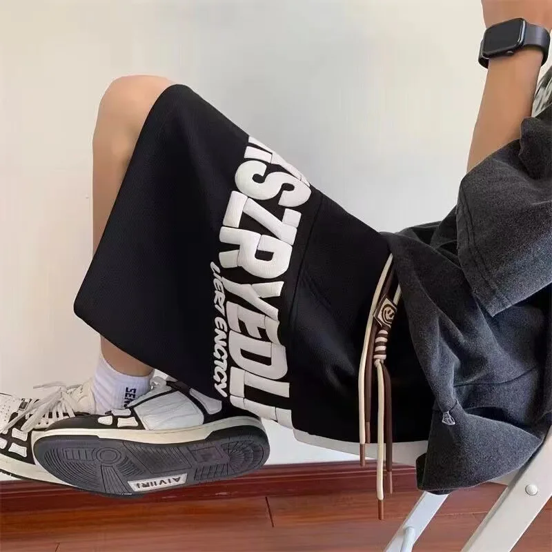 Men's Summer Shorts Loose Versatile Large Size Sports Letter Print Elastic Waist Knee Length Couple Casual Pants Wide Shorts