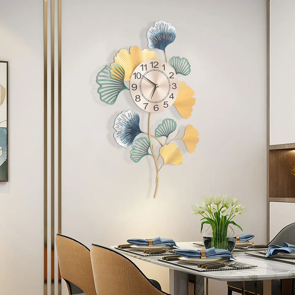 Ginkgo Leaf Metal Wall Clock for Home Decor