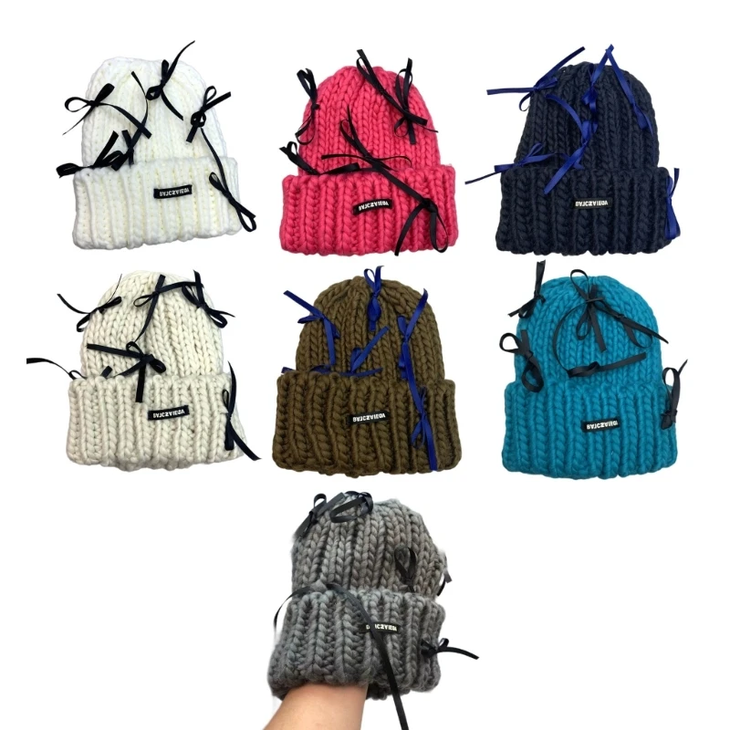 

Adult Teens Ribbon Bowknot Beanie Knitted Hat Winter Skiing Windproof Beanie Dropship