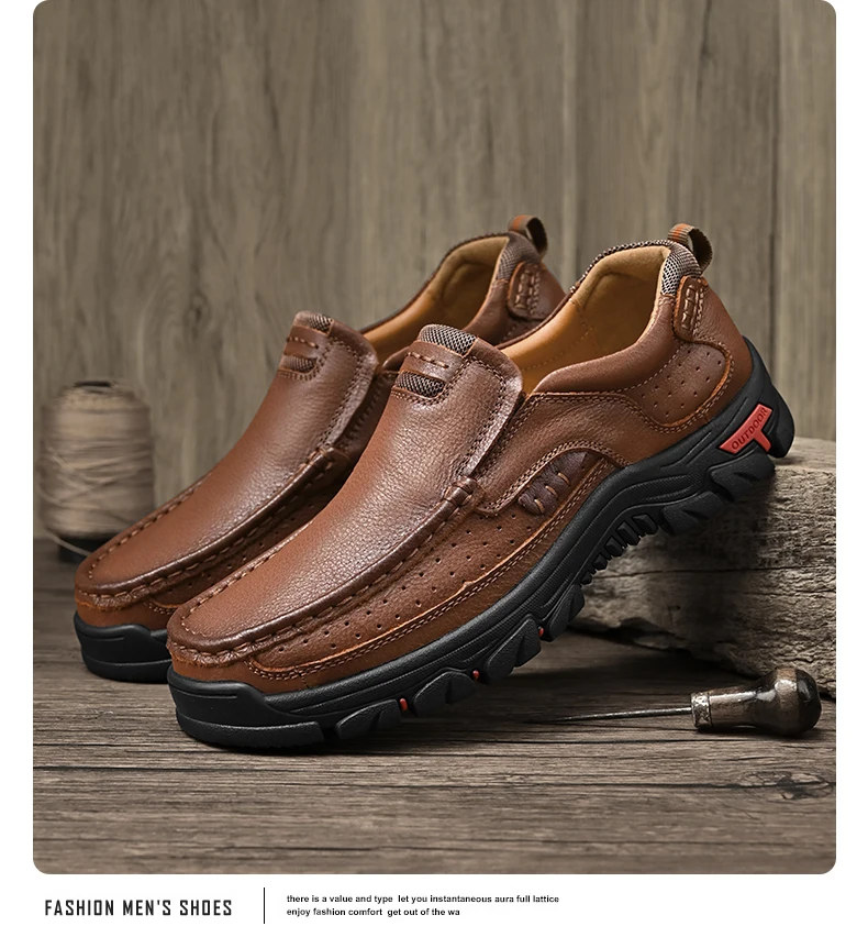 Men's Leather Outdoor Loafers Handmade Dad Shoes Breathable
