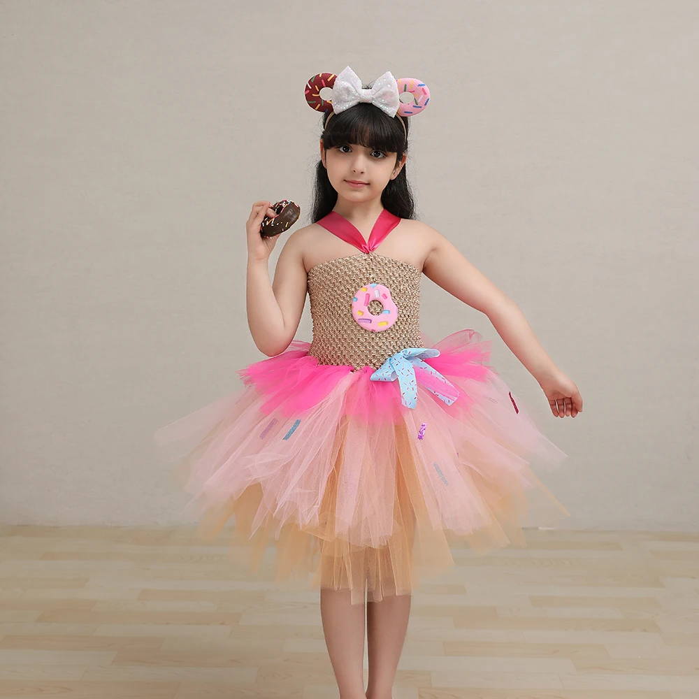 Girls Candy Donuts Tutu Dress with Headband Baby Kids Birthday Party Happy Purim Fancy Costumes Photoshoot Tulle Dresses