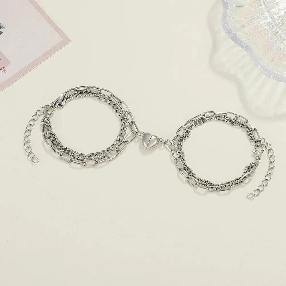 2Pcs/set Magnet Couple Bracelets Heart Attraction Stainless Steel Bracelet Charm Simple Cuban Chains Key Lock Jewelry Gifts