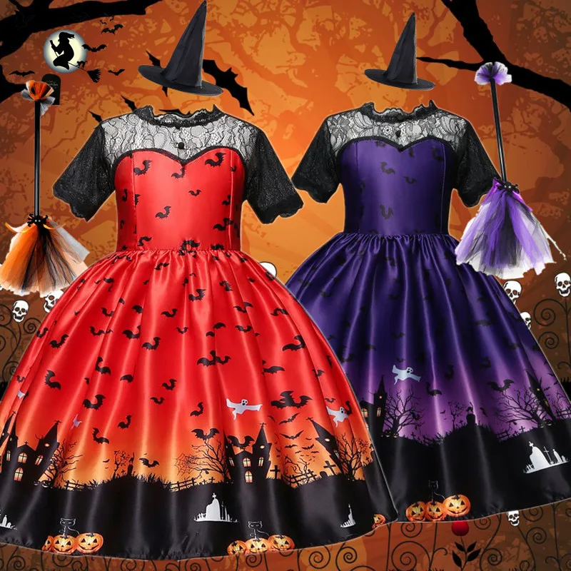 

Magic Witch Halloween Costume for Kids 4-10 Yrs Ghost Bat Cartoon Cosplay Dress Easter Carnival Party Kids Dress for Girls