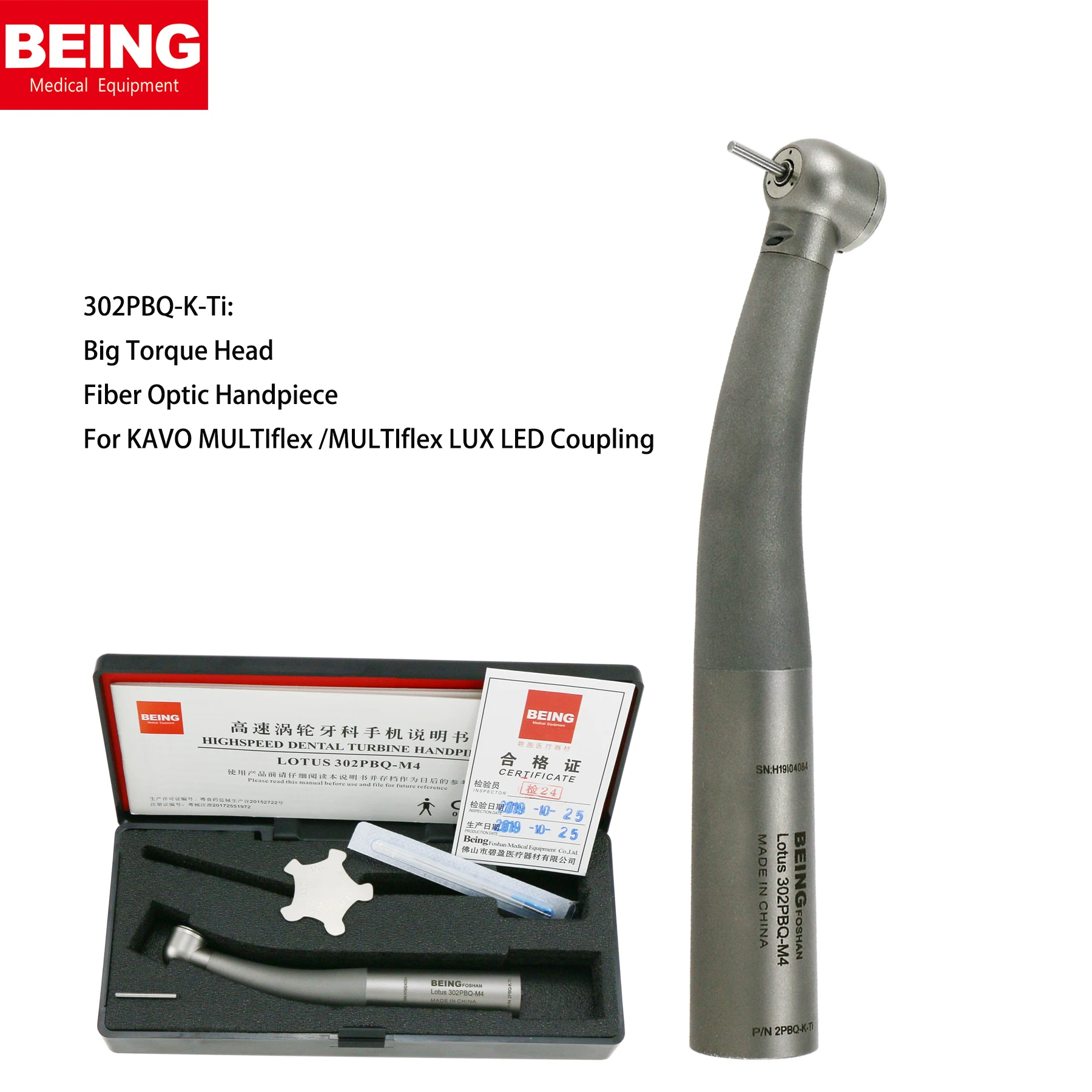 

BEING Dental Fiber Optic Handpiece Ti-Coated Push button LED 302PBQ-K - Ti Super torque head