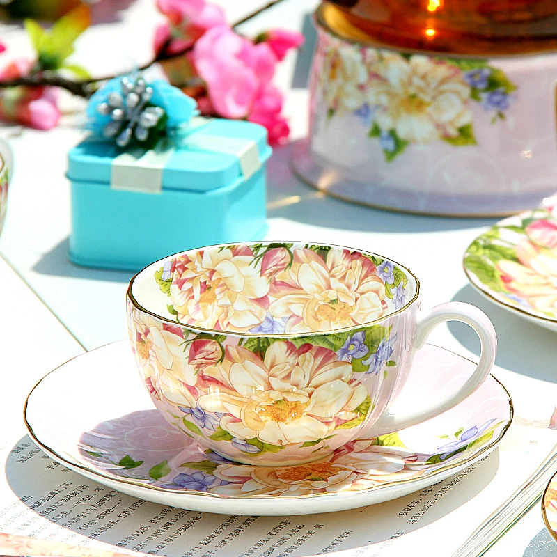 Fine Bone China Coffee Cup with Saucer Pumpkin Floral Design Porcelain Tea Cup Set 200ML