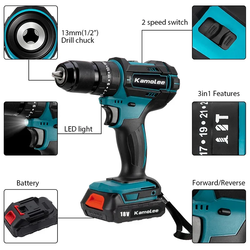 Kamolee 10mm Brushed Cordless Electric Impact Drill Electric Screwdriver Home DIY Power Tools For Makita 18V Battery
