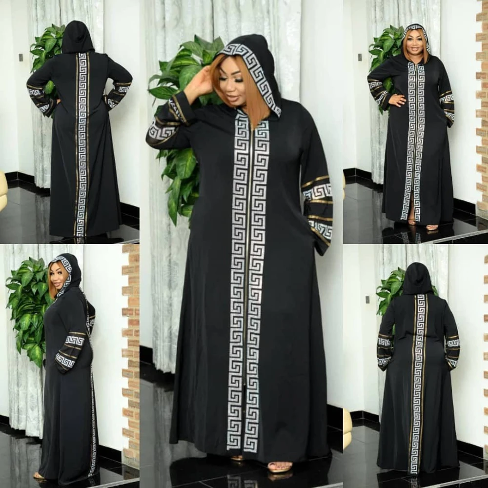

African National Dress Big Swing Dress Muslim Style Robe Fashion Hot Drill with Hat Drill ML103Q125