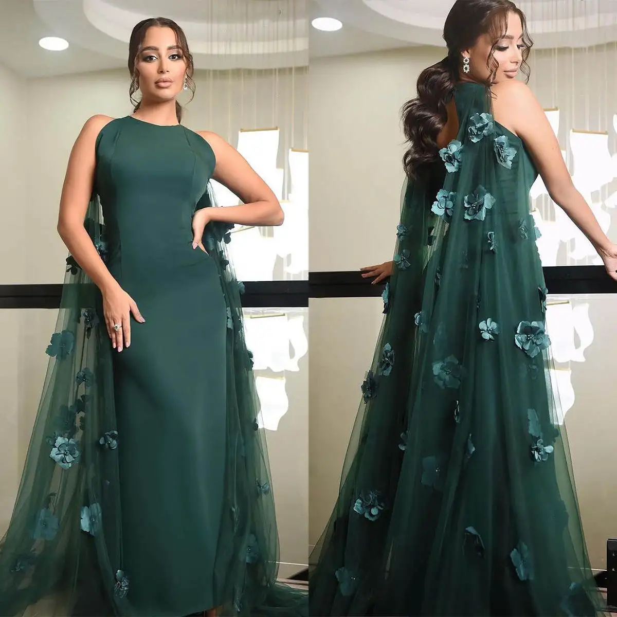 

New Arrival Sheath Gown Prom Dresses Appliques Flowers Satin Celebrity Party Evening Dresses Plus Size Custom Size Color