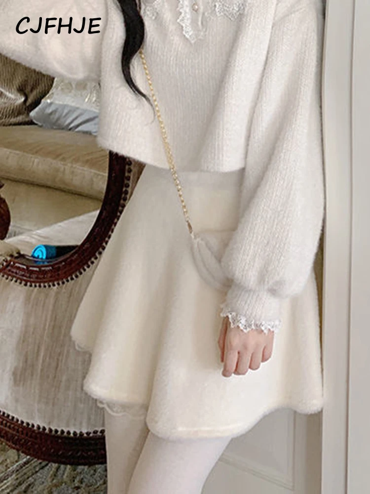 

CJFHJE Winter Kawaii Mini Skirt Women Apricot Velvet Sweet Party Skirt Female Fashion Lace Pure Color Cute Elegant Ladies Skirts
