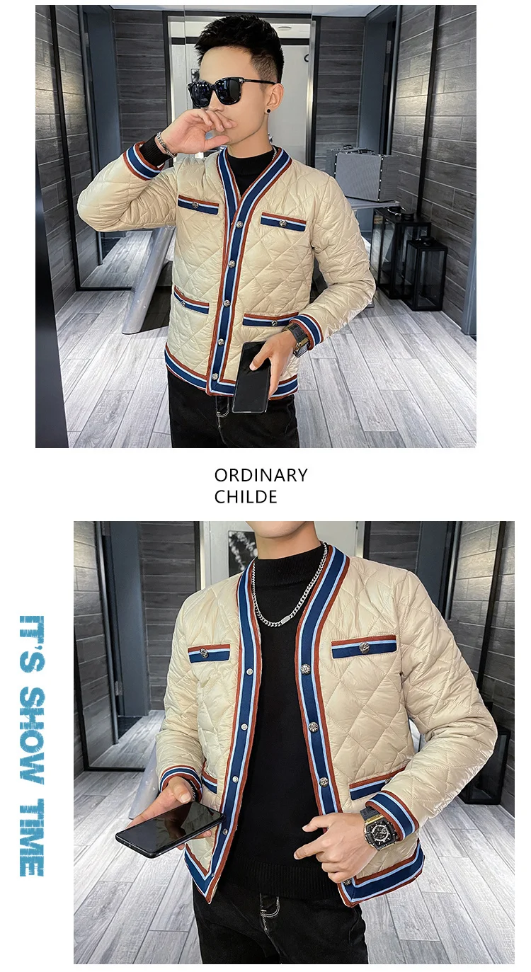 Contrast Elegant Color Striped Quilted Puff Jacket Men Fancy Collarless Brand Warm Parka Homme Jaqueta Masculina Inverno mens parka with fur hood