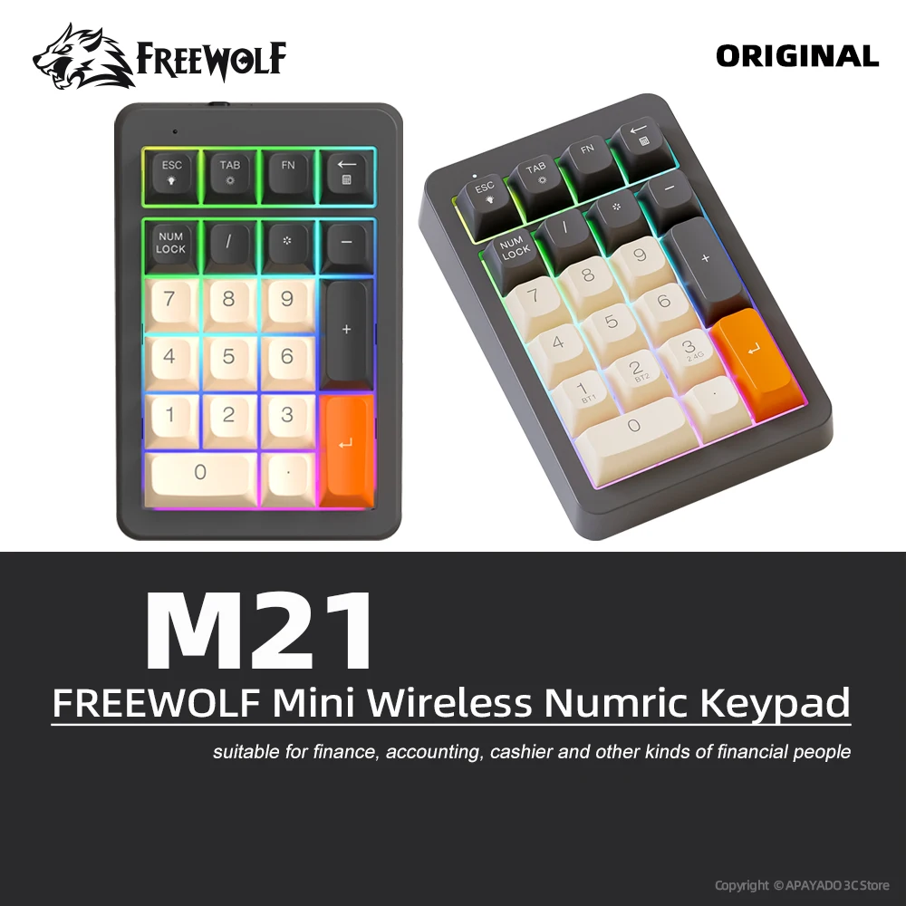 무선 숫자 키패드 FREEWOLF M21 블루투스 듀얼 모드 연결, 금융용 FREEWOLF 21키 950mAh 미니 키패드