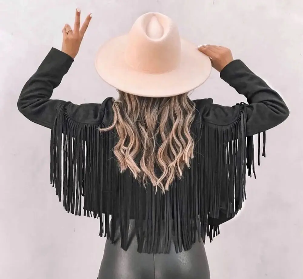 Women Black Jacket 100% Genuine Pure Soft Suede Leather Fringe Coat