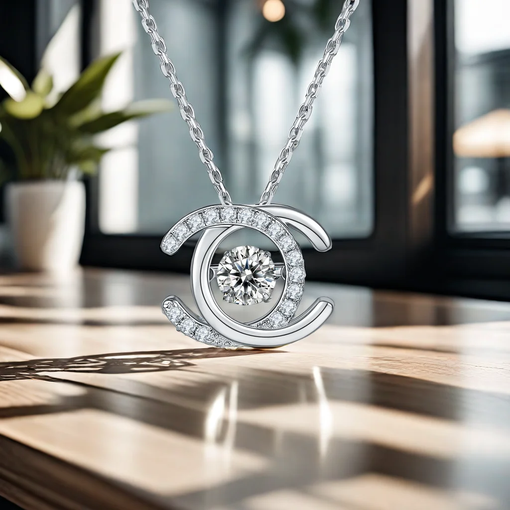 KNRIQUEN Double C Moissanite Pendant Necklace D Color 925 Sterling Silver 18K White Gold Plated Whit GRA Certificate