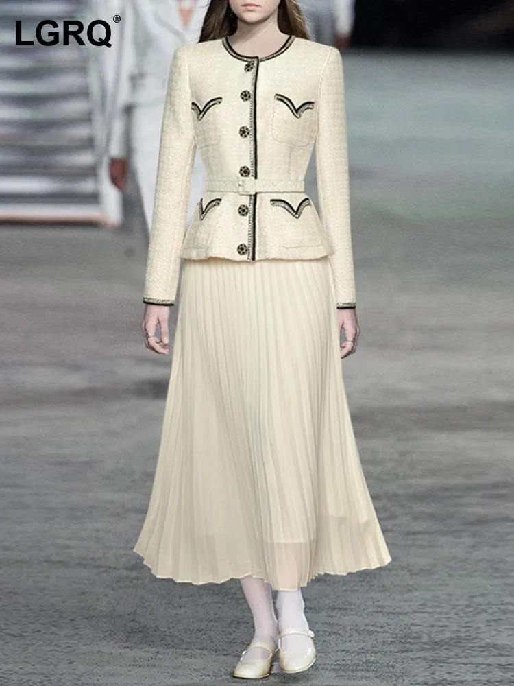 

LGRQ Elegant Two Piece Set For Women Round Neck Tie Up Single Breasted Top Coat Pleated High Waist Skirts Sets 2023 New 3WQ8337