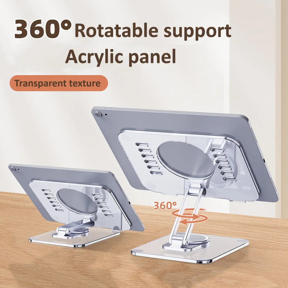 Suporte para Tablet Dobrável Suporte Acrílico Transparente Rotação de 360 ° Suporte de Refrigeração Oca Suporte de Liga de Alumínio Mesa para Ipad - Imagem 3