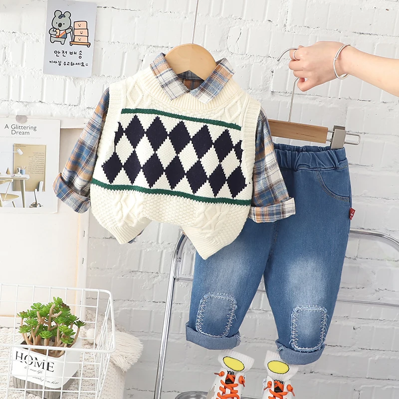 

Baby Boys Vest Plaid Shirt Trousers Spring Infant Clothes Outfits 3 Pcs Suit Kids Clothing Sets Children Sportswear 1-4 Years