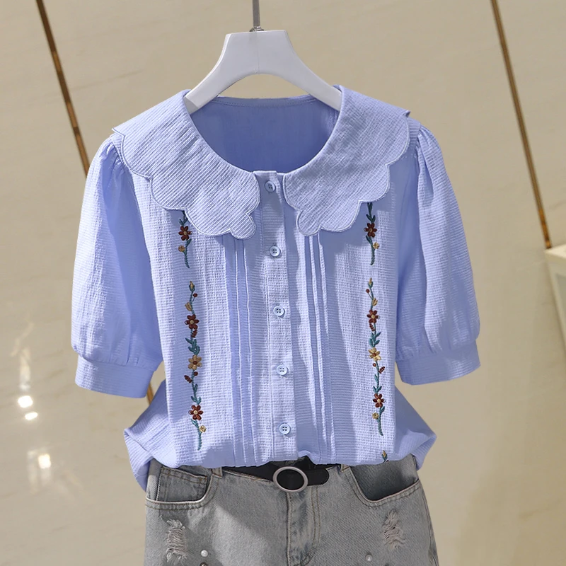 

Heavy Industry Embroidery 100% Cotton Shirts Blouses Women's Short Sleeve Top Female Blusas 2023 Summer New Fashion