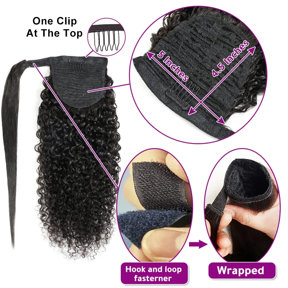 Human Hair Extensions Kinky Curly Natural Color Wrap Around 100% Brazilian Human Hair Ponytail