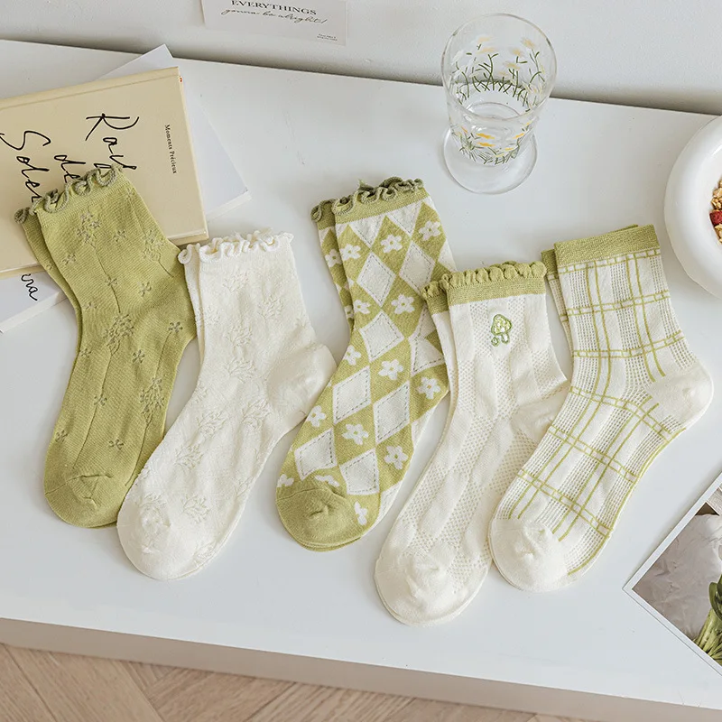 

Green Color Frilly Ruffle Socks Sweet Girls Lace Crew Socks Hollow Thin Summer Breathable Harajuku Streetwear Woman Socks