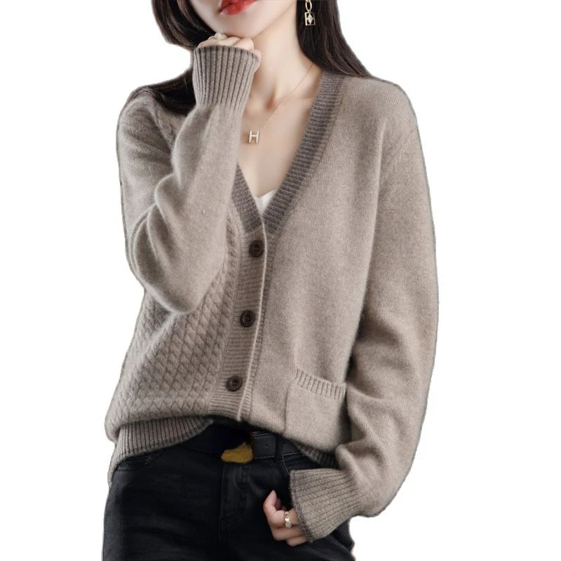 

Spring Autumn New Women Knit Cardigan V-neck Faux Cashmere Sweater Lady Loose Thick Sweaters Coat Long Sleeve Top Outerwear