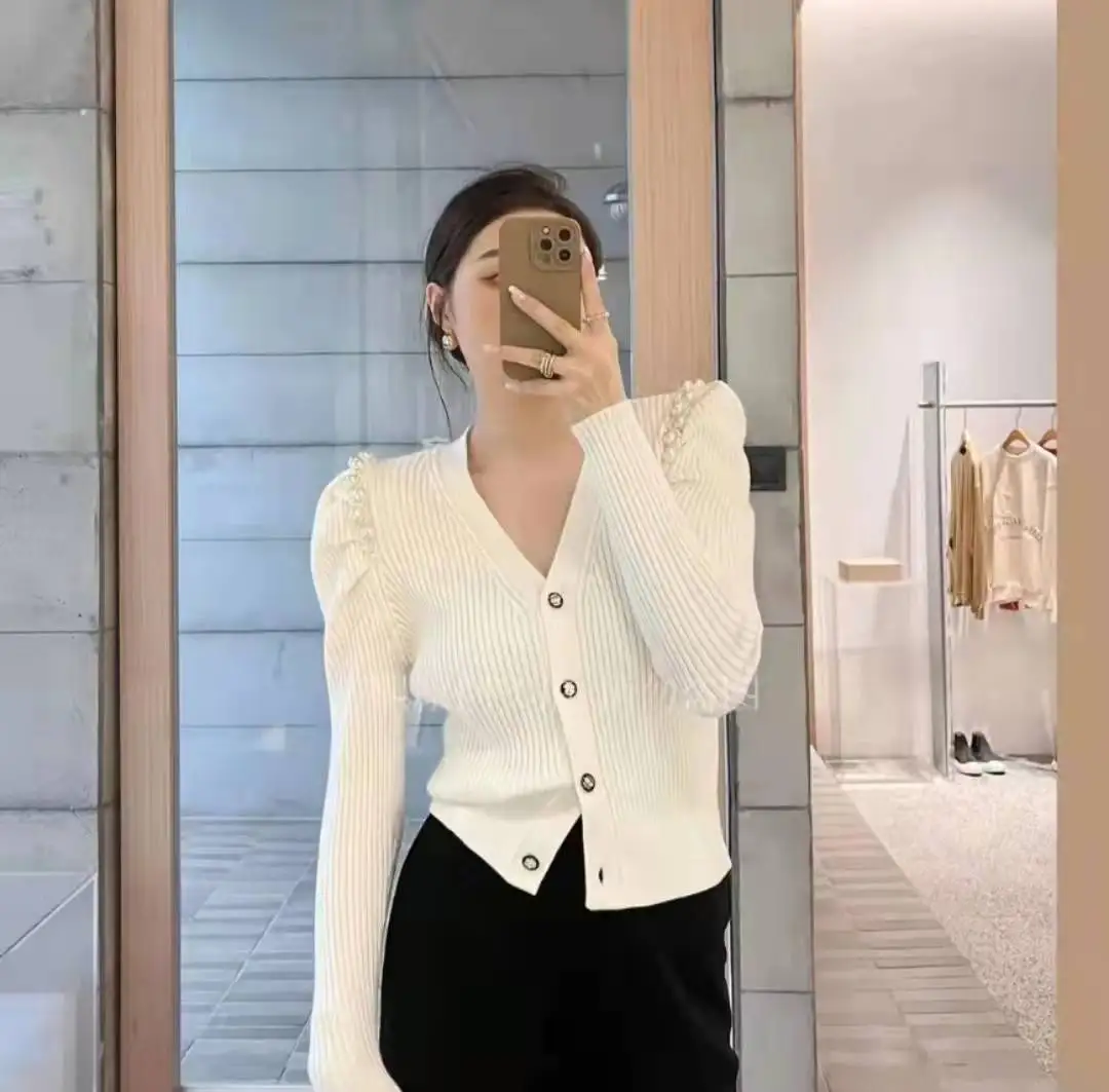 아보카도 그린 스웨터 니트 가디건 겉옷, 여성 가을 및 겨울 레트로 스트라이프 v넥 퍼프 슬리브, 고급 상의