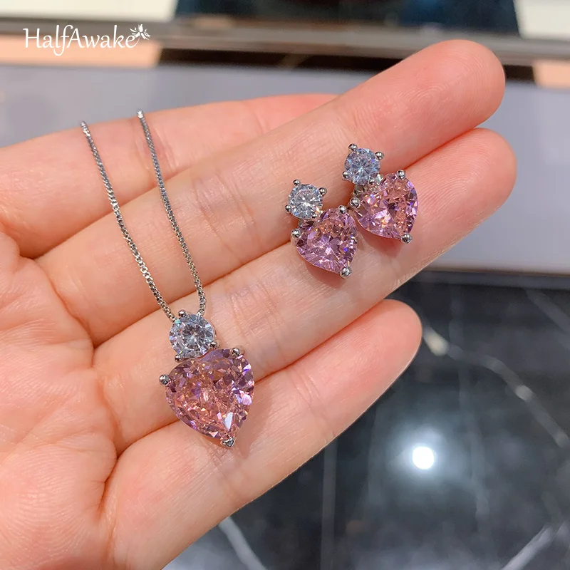 Romantic Pink Heart High Carbon Diamond S925 Silver Jewelry Set Pendant  Necklace Earrings For Women Luxury Valentine's Day Gift