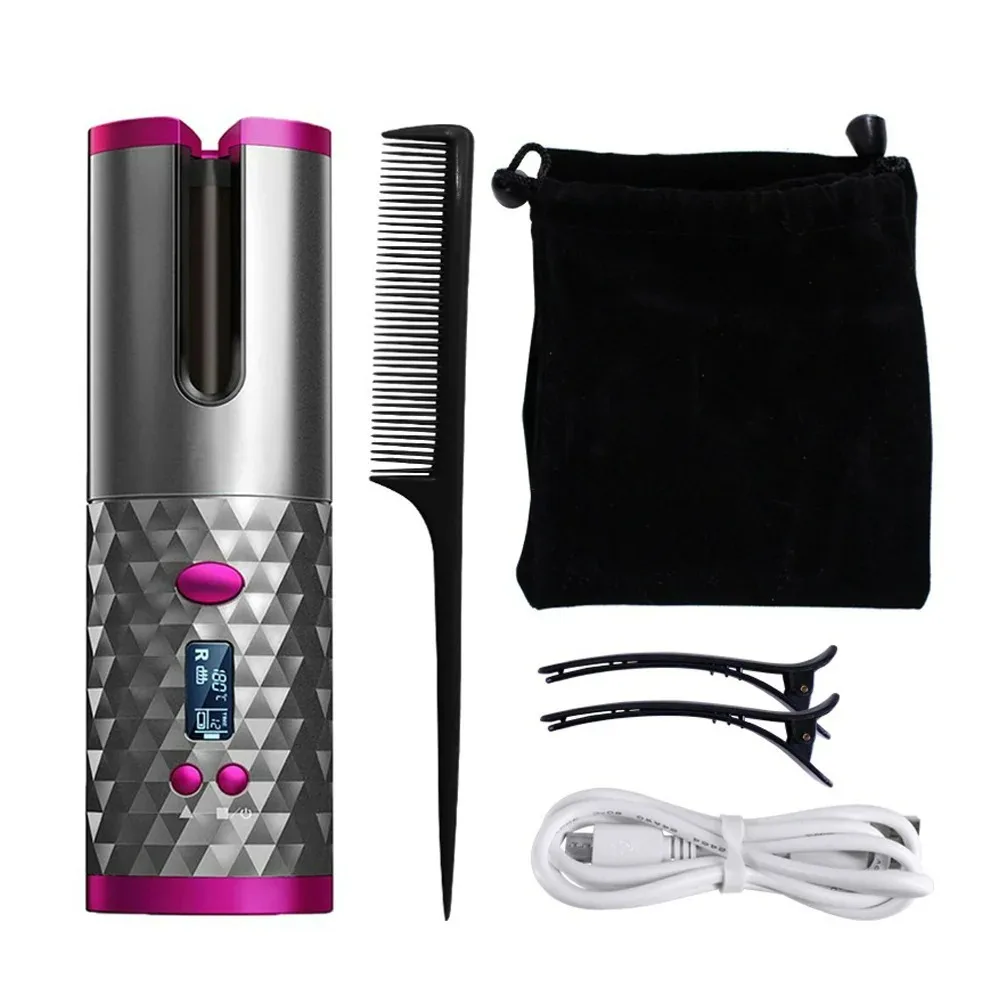USB Rechargeable Cordless Hair Curler Auto Rotating Temp Time Adjustable Wireless Curling Iron Fast Heat Effortless Styling Hair