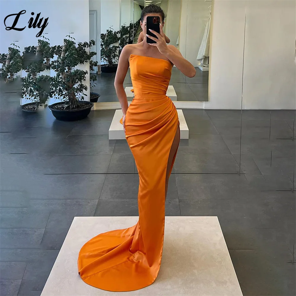 

Lily Strapless Orange Prom Dresses Sexy Side Split Wedding Darty Dress Stain Mermaid Evening Dress Sleeveless вечернее платье