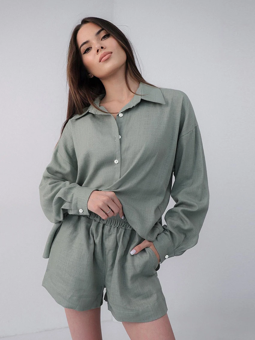 

Marthaqiqi Casual Women Sleepwear Set Long Sleeve Nightgowns Turn-Down Collar Pajama Shorts Cotton Ladies Nightwear 2 Piece Suit