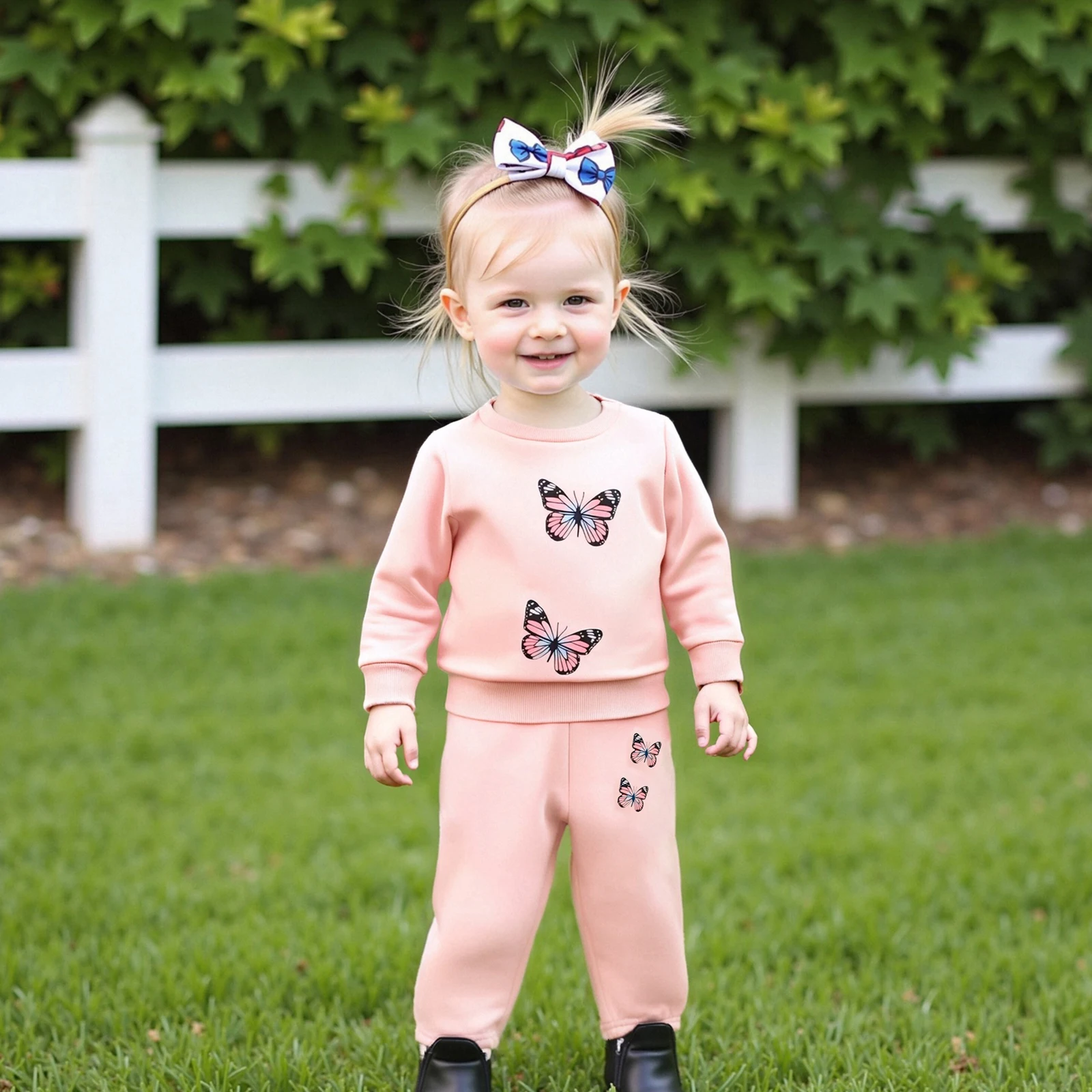 ملابس أطفال بناتي مكونة من قطعتين ملابس خريفية بأكمام طويلة وطبعة فراشة + بنطلون + مجموعة عصابة رأس ملابس للأطفال الصغار