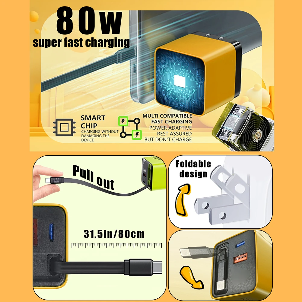 3 In 1 80W GaN Fast Charger 80cm Retractable Type-C Cable USB Phone Charger Foldable US Plug Wall Charger For Cellphones Laptops