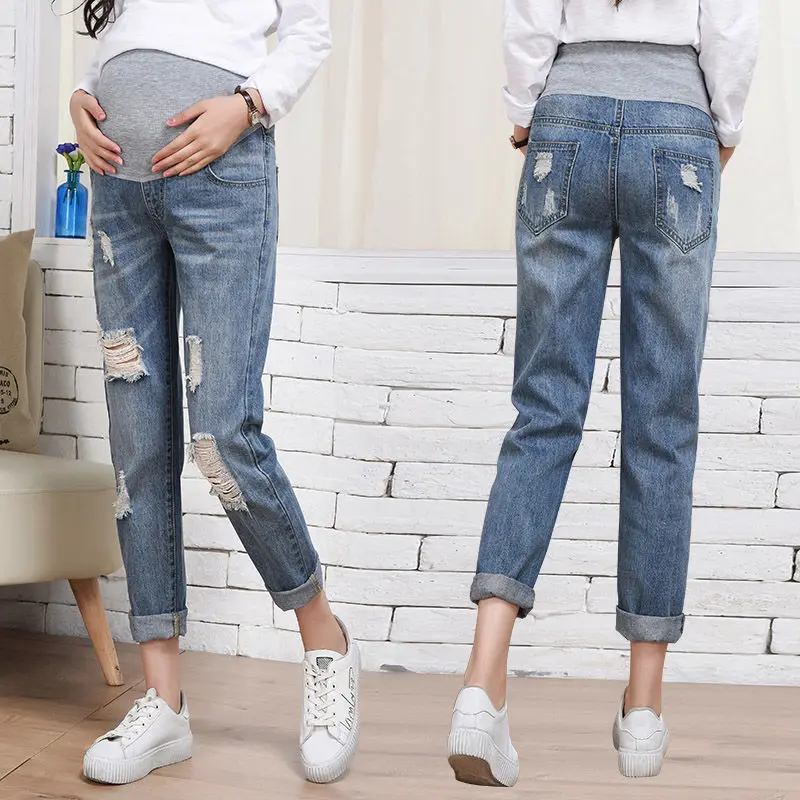New Maternity Jeans Trendy Mom Fashion Daddy Pants Loose Straight Pants Pregnant Women Wide-legged Holes Wear Nine-point Pants