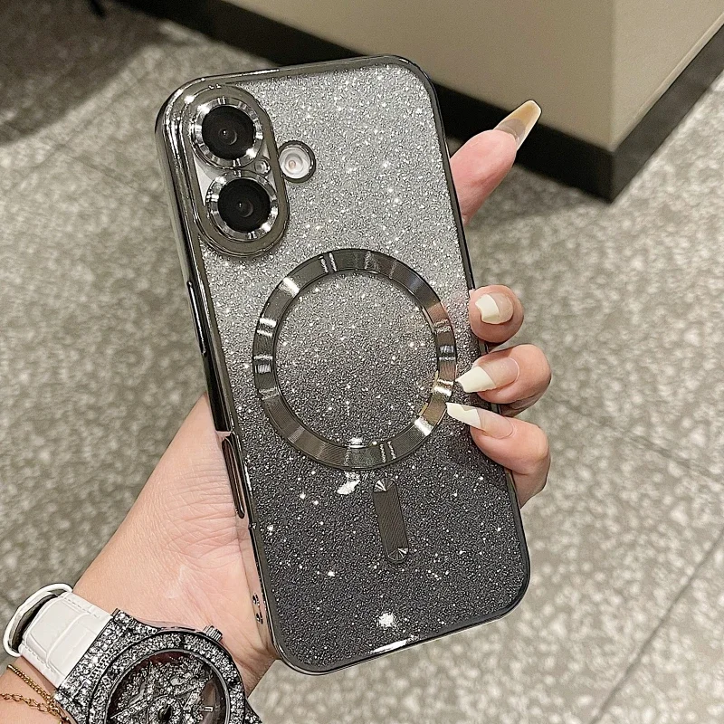 Coque de téléphone souple magnétique à paillettes de luxe pour iPhone 16 15 14 13 12 11 Pro Max Plus, coque de chargement sans fil antichoc_voghion.com