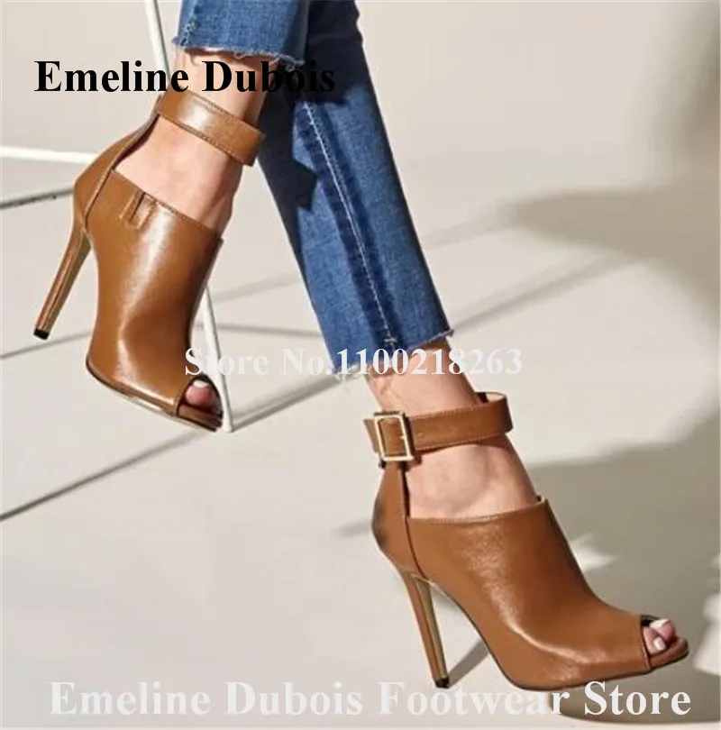 

Cut-out Stiletto Heel Pumps Emeline Dubois Elegant Peep Toe Brown White Black Matte Leather Thin Heel Shoes Party High Heels