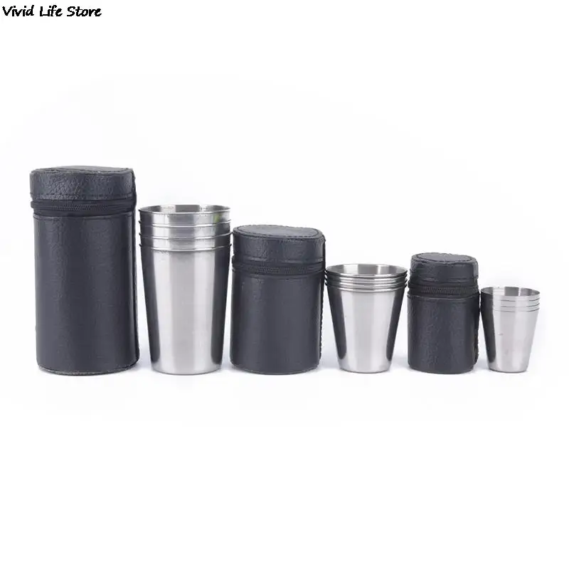 Outdoor Camping Cup Tableware 30ml/70ml/170ml Travel Cups Set Stainless Steel Cover Mug Drinking Coffee Tea Beer With Case 2