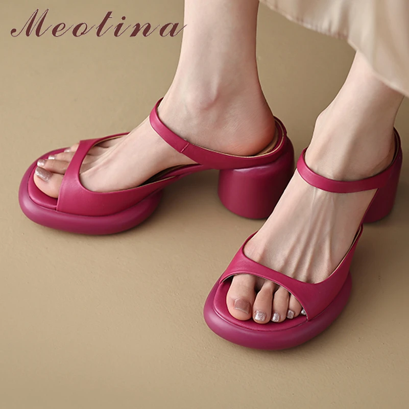 

Meotina Women Genuine Leather Slippers Round Toe Chunky High Heels Platform Slides Ladies Fashion Concise Casual Shoes Summer